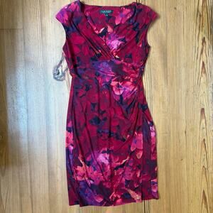 Ralph Lauren pink red floral cap sleeve ruched waist womens dress SIZE 4